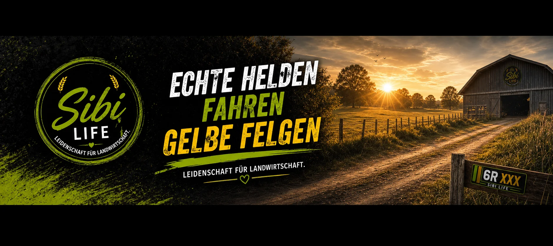 SIBI LIFE – Echte Helden fahren gelbe Felgen vor einem Hof im Sonnenuntergang